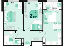 Продается 2-комнатная квартира ЖК Первое место, квартал 1.4, литер 2, 58.4  м², 9344000 рублей