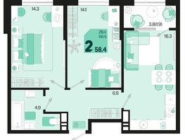 Продается 2-комнатная квартира ЖК Первое место, квартал 1.5, литер 1, 58.4  м², 8176000 рублей