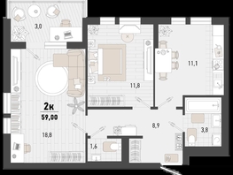 Продается 2-комнатная квартира ЖК Барса, 3В литер, 59  м², 16661600 рублей