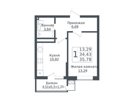 Продается 1-комнатная квартира ЖК Зеленый театр, литера 1, 35.78  м², 7050091 рублей