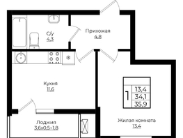 Продается 1-комнатная квартира ЖК Клубный квартал Европа 6, литера 7, 35.9  м², 7141946 рублей