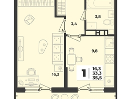 Продается 1-комнатная квартира ЖК Лето, литера 1/3, 35.5  м², 5918000 рублей