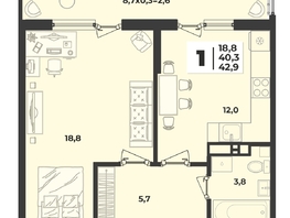 Продается 1-комнатная квартира ЖК Лето, литера 1.2, 42.9  м², 6545800 рублей