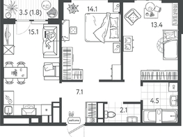 Продается 2-комнатная квартира ЖК Все Свои VIP, литера 7, 58.45  м², 13443500 рублей