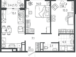 Продается 2-комнатная квартира ЖК Все Свои VIP, литера 7, 57.75  м², 13657875 рублей