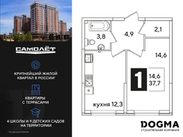 Продается 1-комнатная квартира ЖК Самолет, литера 60, 37.7 м², 6895331 рублей