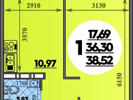 Продается 1-комнатная квартира ЖК Восточный, литера 37, 38.52 м², 5319000 рублей