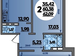 Продается 2-комнатная квартира ЖК Молодежный 2, литера 14, 62.09 м², 7432173 рублей