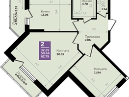 Продается 2-комнатная квартира ЖК Левада, литера 7, 58.7 м², 6635652 рублей