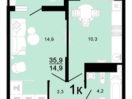 Продается 1-комнатная квартира ЖК Горячий, литера 1, 35.9 м², 5026000 рублей