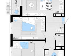 Продается 2-комнатная квартира ЖК Фонтаны, литер 19, 59.46 м², 9513600 рублей
