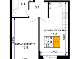 Продается 1-комнатная квартира ЖК Дыхание, литер 27, 39.1 м², 5513100 рублей