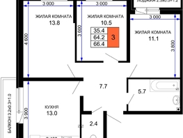 Продается 3-комнатная квартира ЖК Дыхание, литер 27, 66.4  м², 7968000 рублей