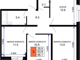 Продается 3-комнатная квартира ЖК Дыхание, литер 28, 66.1 м², 8064200 рублей