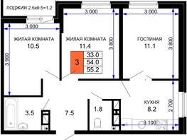 Продается 3-комнатная квартира ЖК Дыхание, литер 30, 55.2 м², 6900000 рублей