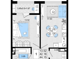 Продается 1-комнатная квартира ЖК Резиденция морей, корпус В, 44.15 м², 10507700 рублей