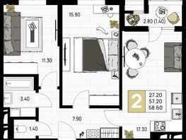 Продается 2-комнатная квартира ЖК На Высоком берегу, 58.6 м², 15236000 рублей