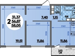Продается 2-комнатная квартира ЖК Восточный, литера 2, 58.05  м², 8301700 рублей