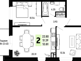 Продается 2-комнатная квартира ЖК Усадьба Гостагаевская, корпус 4, 53.81  м², 10492950 рублей