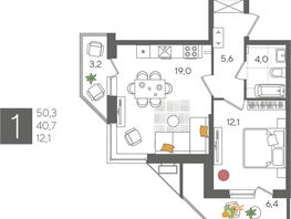 Продается 1-комнатная квартира ЖК Рекорд 2, литера 3, 50.3  м², 10507670 рублей