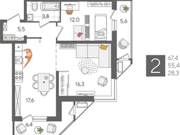 Продается 2-комнатная квартира ЖК Рекорд 2, литера 4, 67.4  м², 13021681 рублей