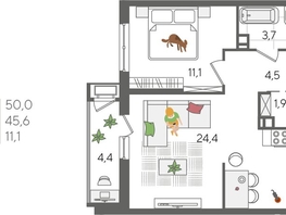 Продается 1-комнатная квартира ЖК Рекорд 2, литера 4, 50  м², 10350000 рублей