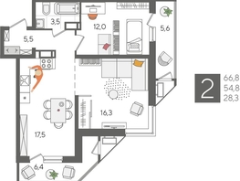 Продается 2-комнатная квартира ЖК Рекорд 2, литера 4, 66.8  м&sup2;, 14235080 рублей