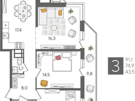 Продается 3-комнатная квартира ЖК Рекорд 2, литера 4, 91.1  м², 17837380 рублей