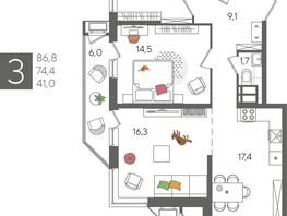 Продается 3-комнатная квартира ЖК Рекорд 2, литера 4, 86.8  м², 17498880 рублей