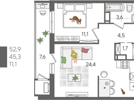Продается 1-комнатная квартира ЖК Рекорд 2, литера 4, 52.9  м², 11479300 рублей