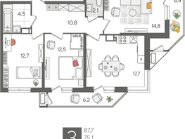 Продается 3-комнатная квартира ЖК Рекорд 2, литера 5, 87.7  м², 17083960 рублей