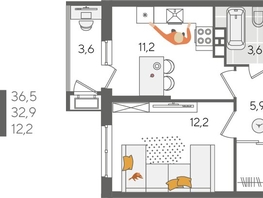 Продается 1-комнатная квартира ЖК Рекорд 2, литера 5, 36.5  м², 8654150 рублей