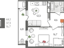 Продается 1-комнатная квартира ЖК Рекорд 2, литера 5, 44.1  м², 9926910 рублей