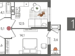 Продается 1-комнатная квартира ЖК Рекорд 2, литера 5, 42  м&sup2;, 10134600 рублей