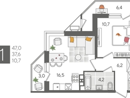 Продается 1-комнатная квартира ЖК Рекорд 2, литера 5, 47  м&sup2;, 10795900 рублей