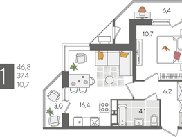 Продается 1-комнатная квартира ЖК Рекорд 2, литера 5, 46.8  м², 9519120 рублей
