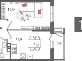 Продается 1-комнатная квартира ЖК Рекорд 2, литера 6, 41.6  м², 9085440 рублей