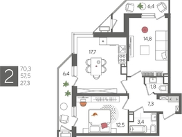 Продается 2-комнатная квартира ЖК Рекорд 2, литера 6, 70.3  м², 14123270 рублей