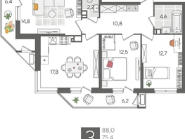 Продается 3-комнатная квартира ЖК Рекорд 2, литера 6, 88  м², 16913600 рублей