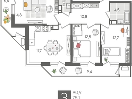 Продается 3-комнатная квартира ЖК Рекорд 2, литера 6, 90.9  м², 17189190 рублей