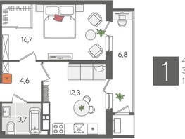 Продается 1-комнатная квартира ЖК Рекорд 2, литера 1, 44.1  м², 9719640 рублей