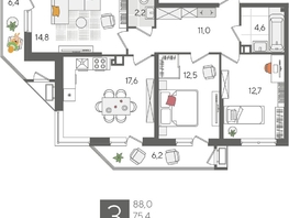Продается 3-комнатная квартира ЖК Рекорд 2, литера 1, 88  м², 17072000 рублей