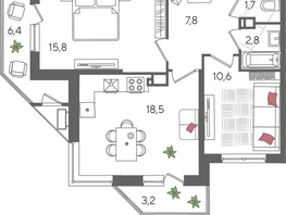 Продается 2-комнатная квартира ЖК Рекорд 2, литера 2, 66.8  м&sup2;, 15250440 рублей
