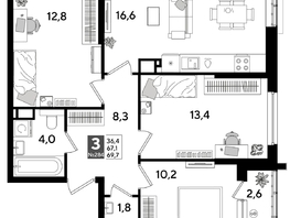 Продается 3-комнатная квартира ЖК DOGMA PARK (Догма парк), литера 15, 69.7  м², 10148320 рублей