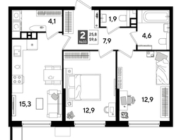 Продается 2-комнатная квартира ЖК DOGMA PARK (Догма парк), лит 17, 58.8 м², 9049320 рублей
