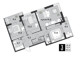 Продается 3-комнатная квартира ЖК Парк Победы 2, литера 19, 83.3  м², 11745300 рублей