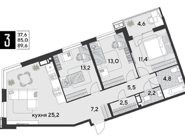 Продается 3-комнатная квартира ЖК Парк Победы 2, литера 19, 89.6  м&sup2;, 12839680 рублей