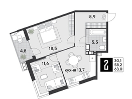 Продается 2-комнатная квартира ЖК Парк Победы 2, литера 21, 63  м², 9645300 рублей