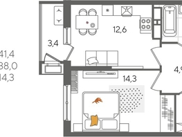 Продается 1-комнатная квартира ЖК Рекорд 2, литера 6, 41.4  м&sup2;, 10097460 рублей