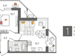 Продается 1-комнатная квартира ЖК Рекорд 2, литера 1, 47.4  м&sup2;, 11143740 рублей